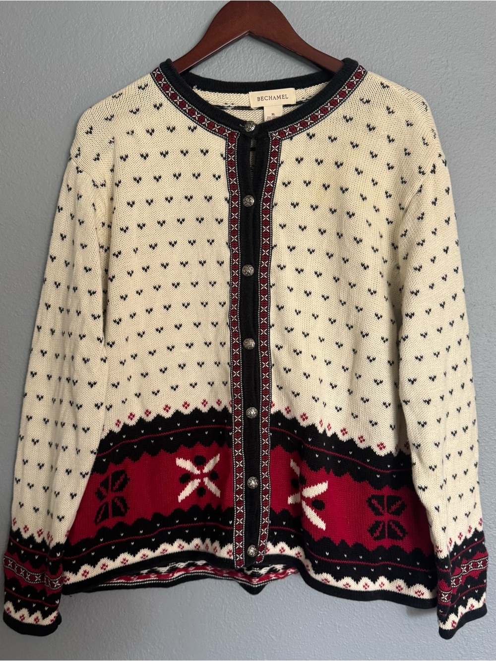VTG Bechamel 100% Natural Fiber Cream and Red Nordic-Pattern Cardigan Sweater